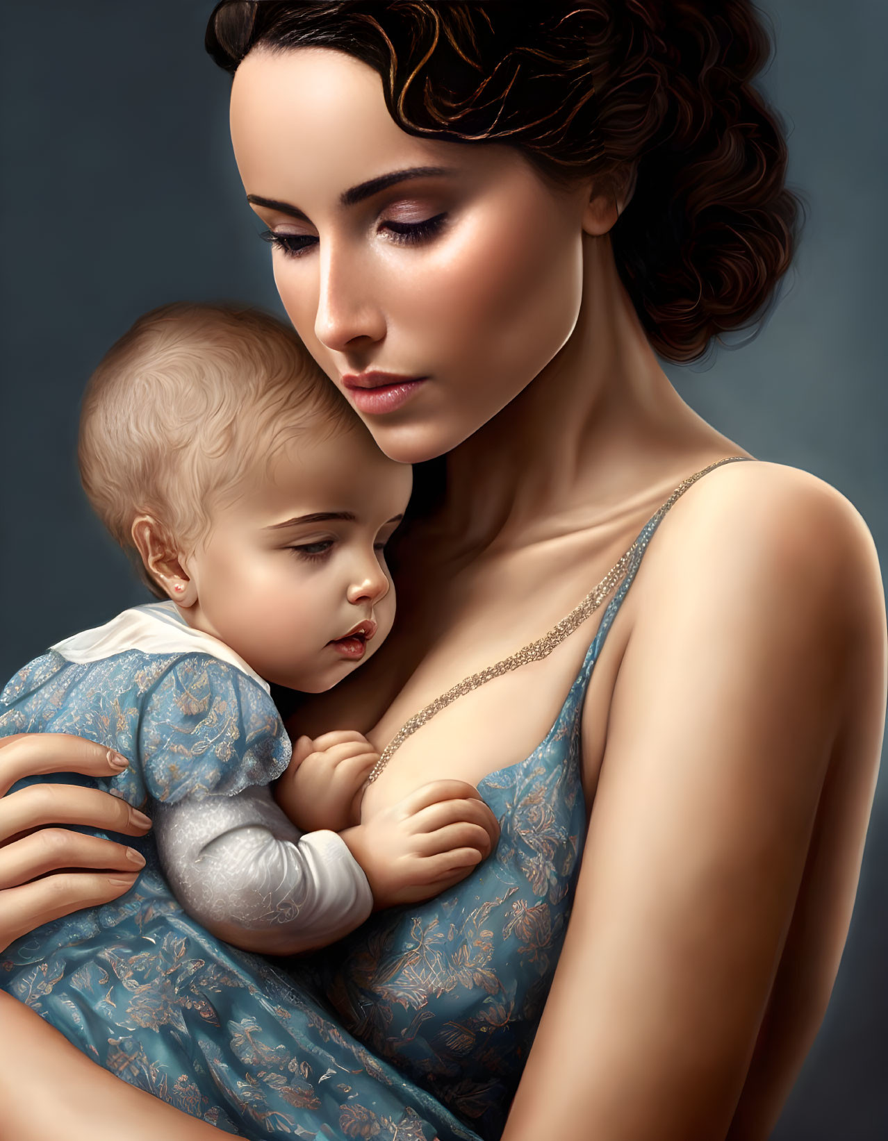 Serene portrait of woman cradling sleeping baby in blue attire