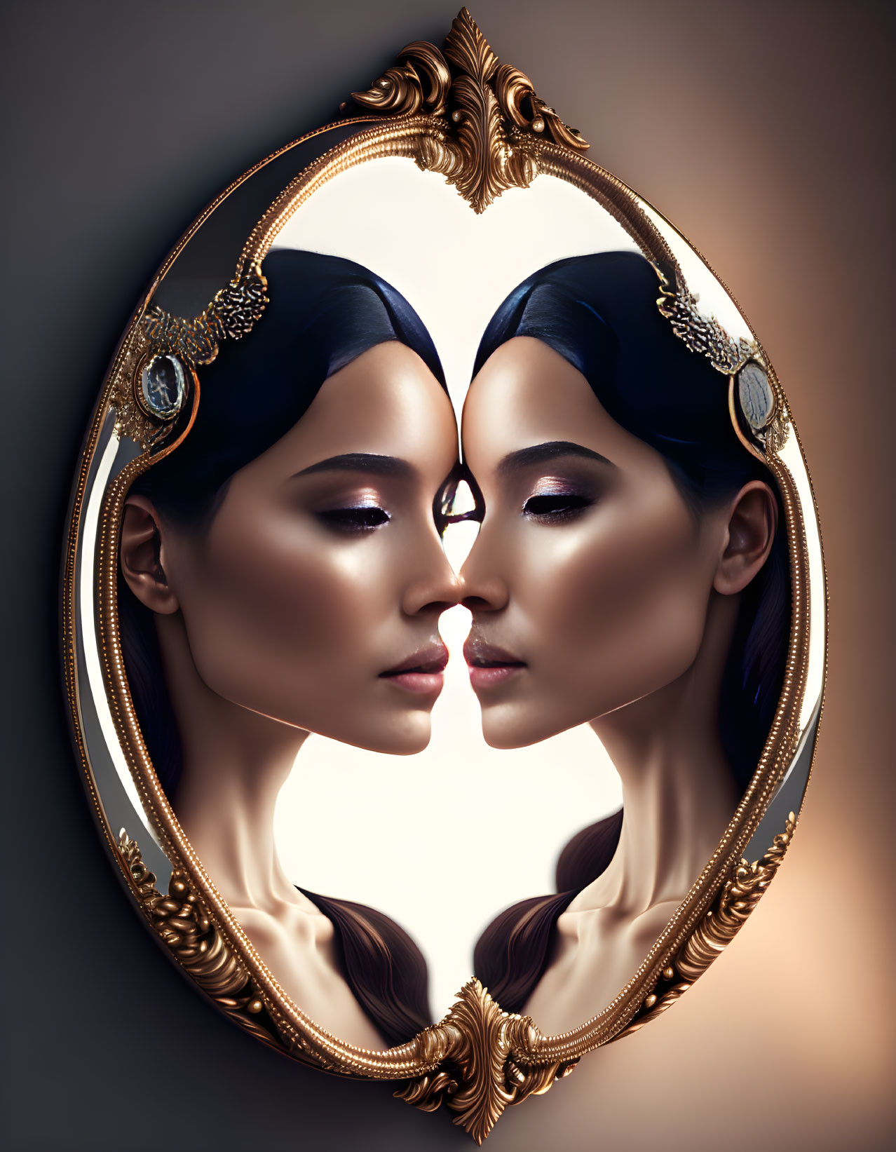 Dark-haired woman in ornate oval frame with jewelry mirror reflection