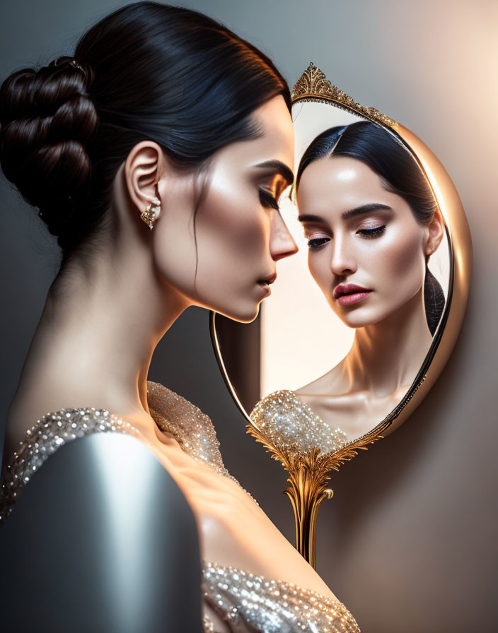 Woman with bun hairstyle, gold tiara, shimmery dress, and mirror reflection.