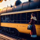 Woman in coat and hat by vintage train with passengers and steam at sunset