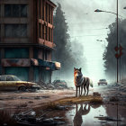 Desolate post-apocalyptic streetscape with lone wolf.