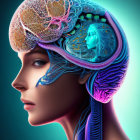 Detailed digital artwork of woman's profile with mechanical brain structure blended in.