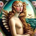 Surrealist woman portrait with curly hair in oval frame against seascape and cherub.