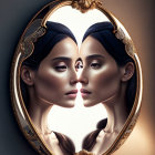 Dark-haired woman in ornate oval frame with jewelry mirror reflection