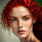 Vibrant portrait of a woman with green eyes and red curly hair