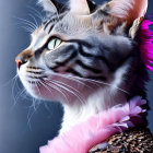 Tabby cat with pink flowers and pine cones on striped fur and piercing gaze.