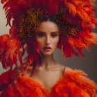 Elaborate Red Feather Headpiece and Attire on Woman against Muted Background