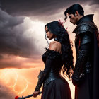 Man and woman in gothic attire against stormy sky and roses.