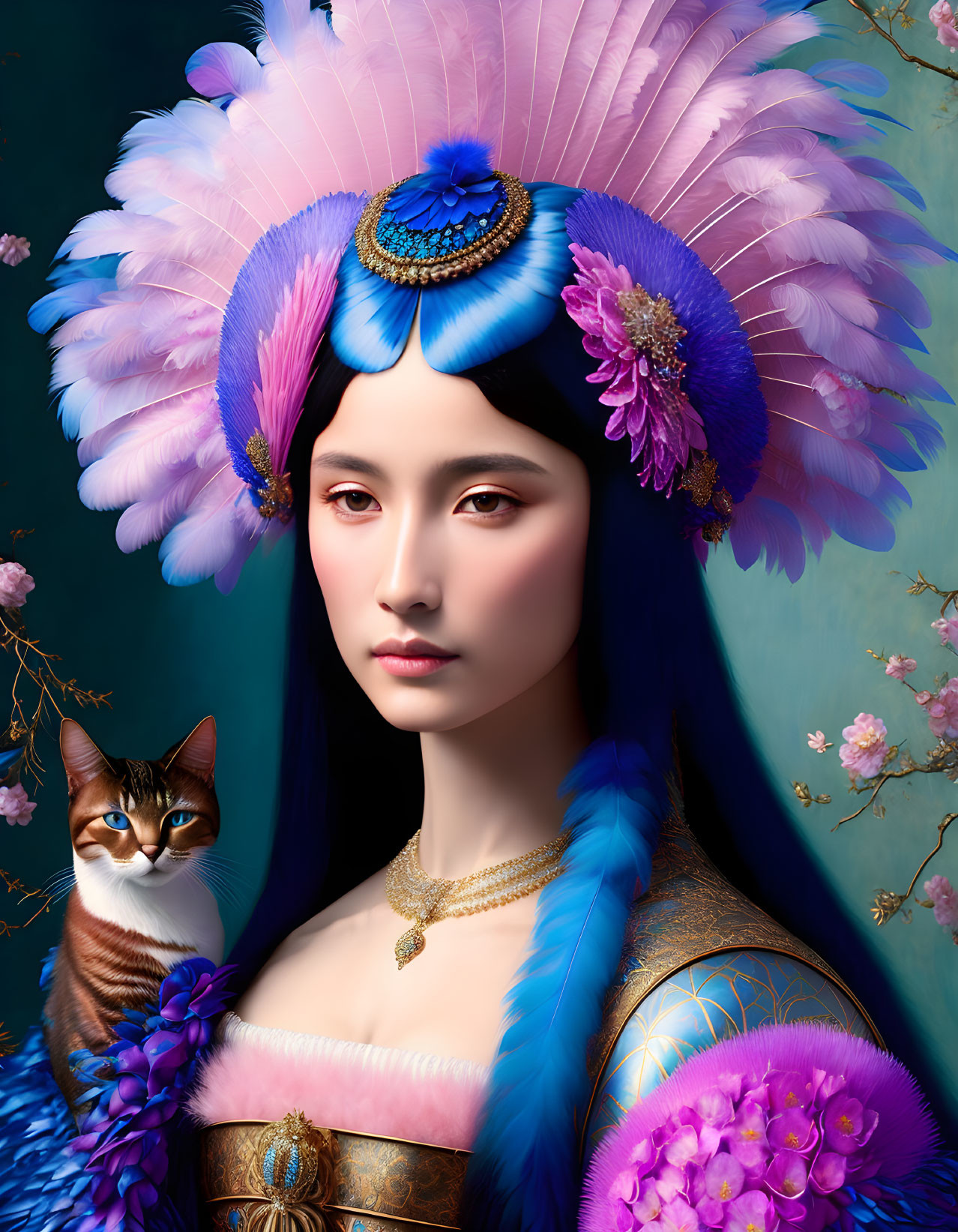 Woman wearing decorative headdress with cat near pink blossoms.