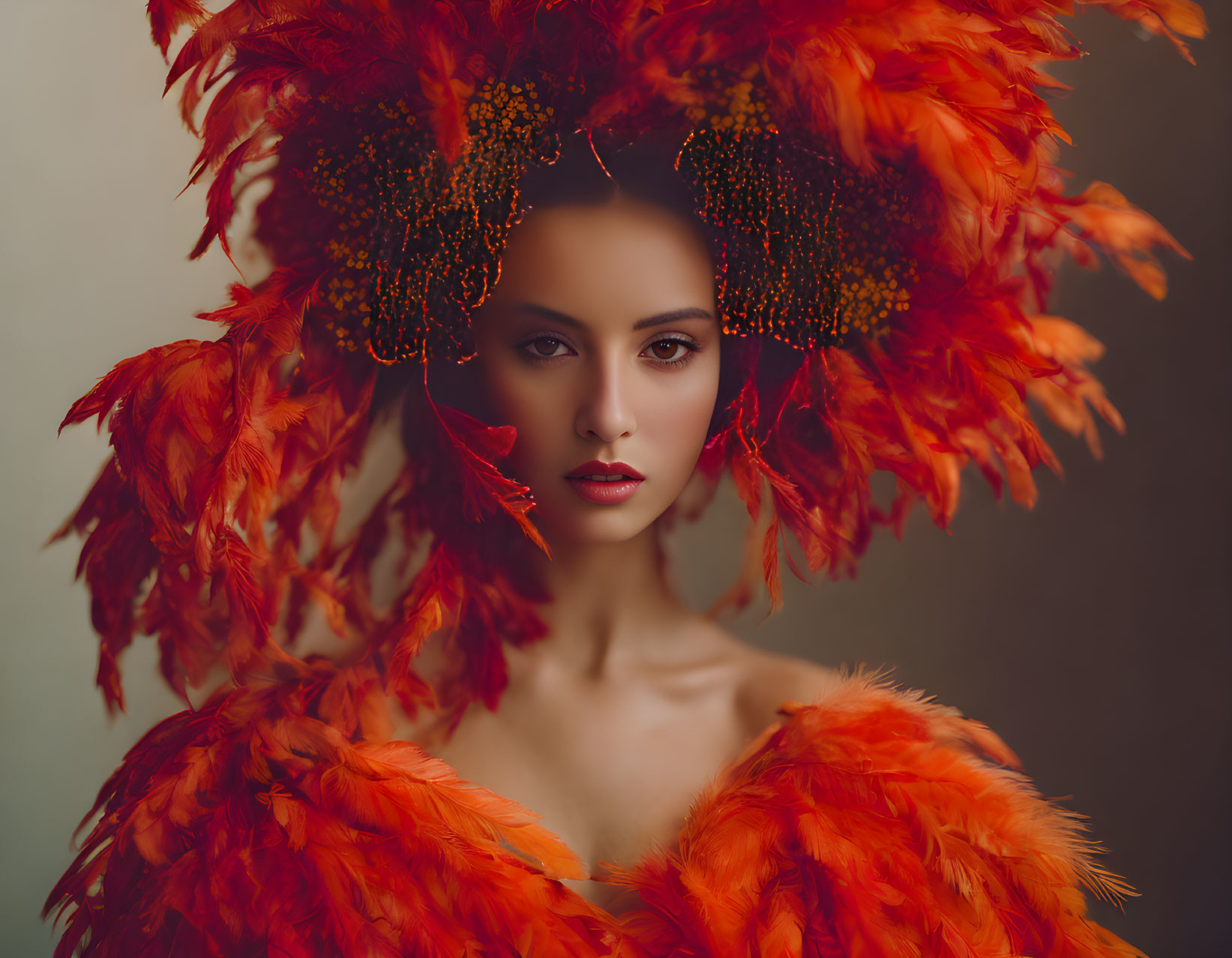 Elaborate Red Feather Headpiece and Attire on Woman against Muted Background