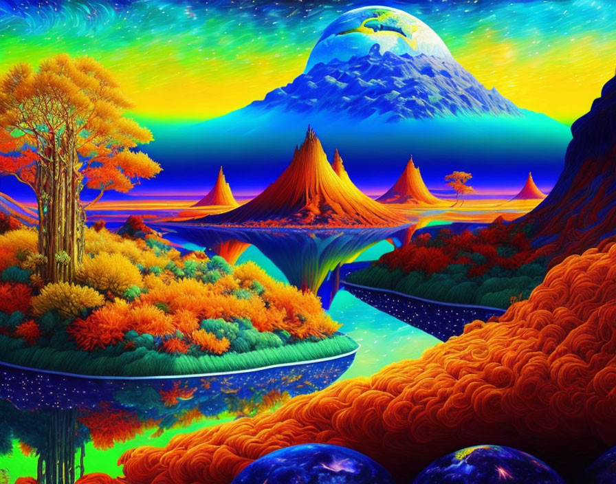 Colorful Surreal Landscape with Floating Islands and Moon