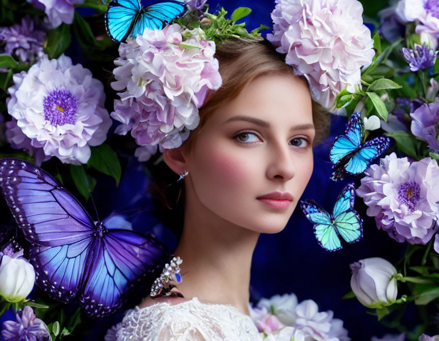 Young woman with purple and blue flowers and butterflies in a floral headdress