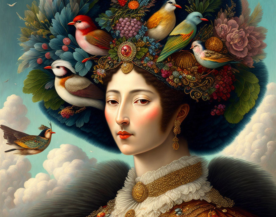 Illustration of woman with serene expression in elaborate hat with birds, flowers, fruits