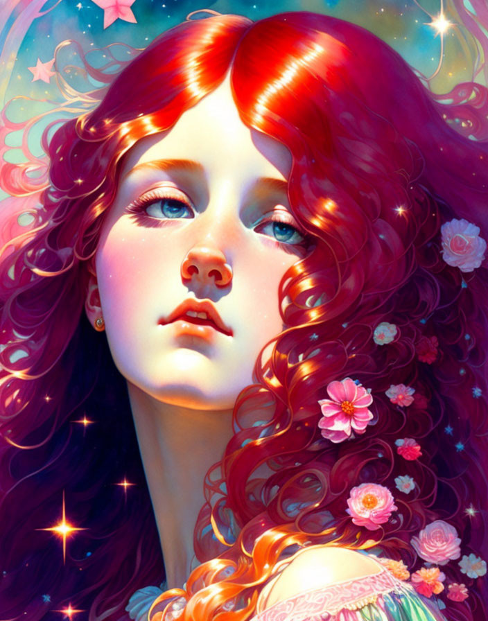 Young woman with long red hair and floral adornments in dreamy illustration.