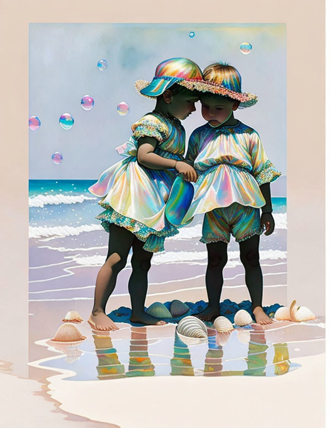 Young girls in iridescent dresses and hats with seashells and bubbles by the seaside