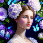 Young woman with purple and blue flowers and butterflies in a floral headdress