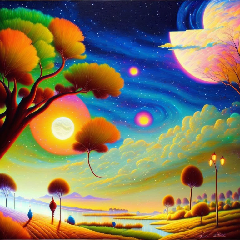 Colorful painting of whimsical landscape with moon, stars, trees, and walking couple