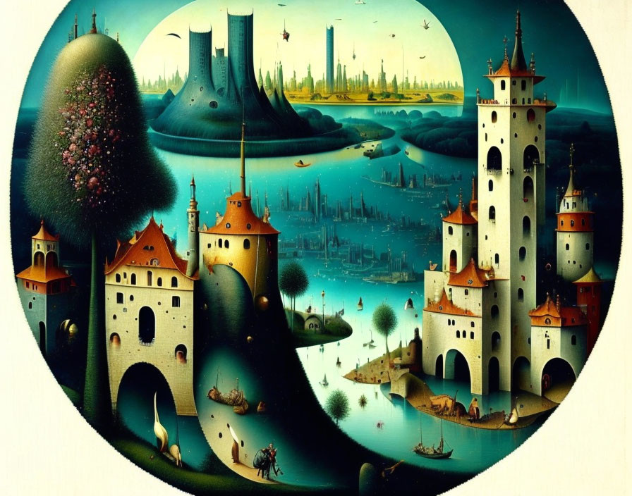 Whimsical castles and industrial smokestacks in surreal landscape