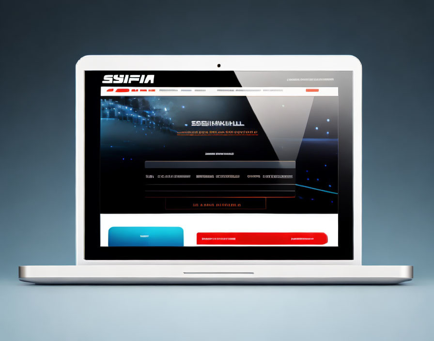 Silver laptop showcasing futuristic website design on dark background with bright blue accents on simple gradient backdrop.