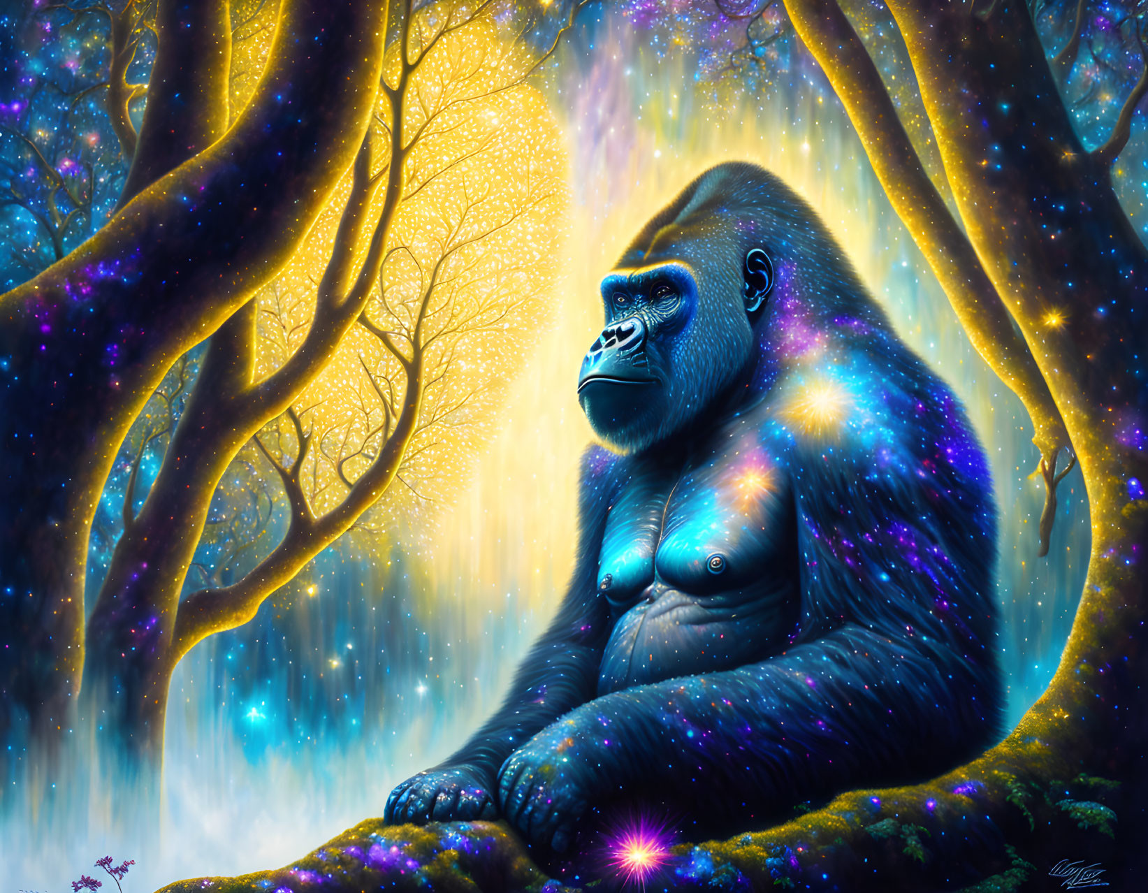 Colorful digital artwork of a contemplative gorilla in mystical forest