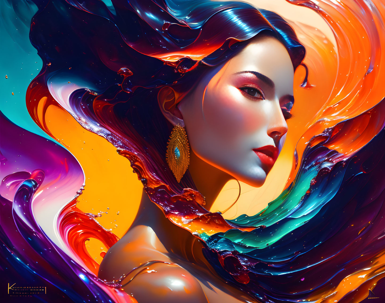 Colorful Abstract Woman's Portrait with Swirling Elements