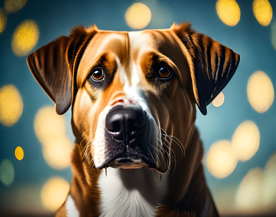 Brown and white dog with thoughtful expression on bokeh background