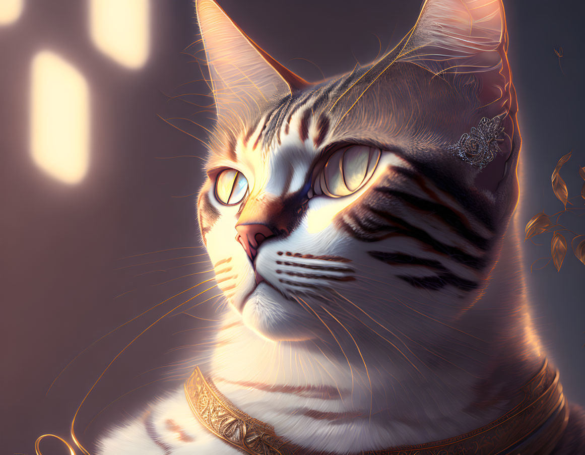 Majestic tabby cat digital illustration with elegant jewelry