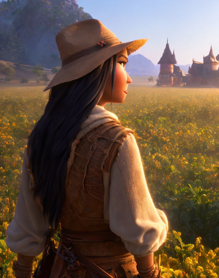 Long-haired female character in hat, gazing at yellow flower field with castle structures