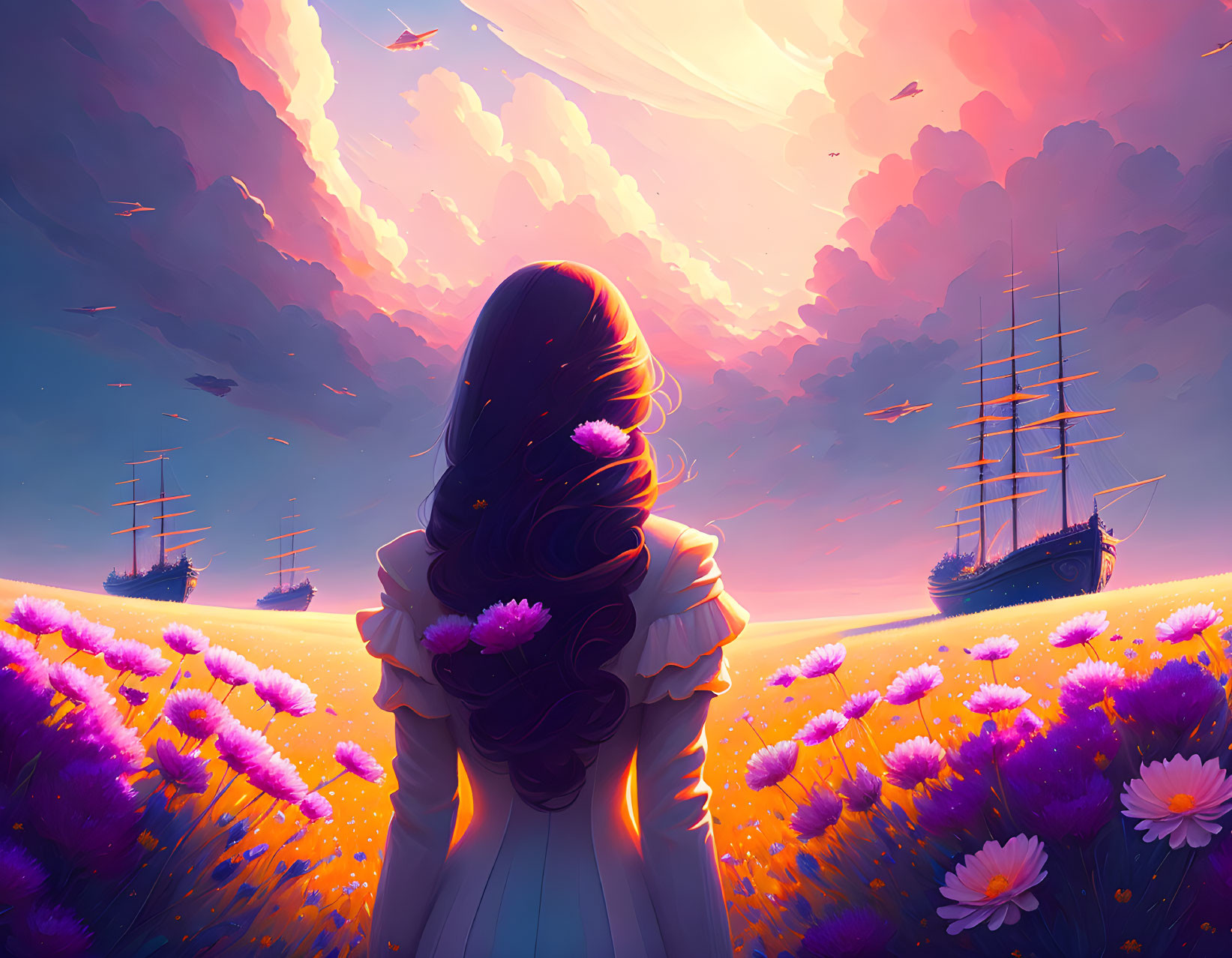 Girl admires sunset sky with floating ships, purple flowers, and soaring birds