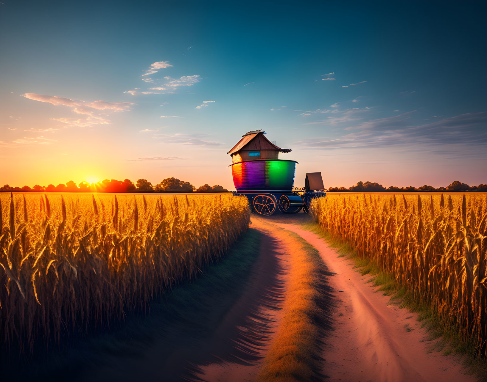 Colorful Wooden Caravan in Wheat Field Sunset Scene