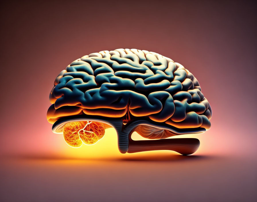 Stylized human brain with glowing brainstem cross-section on warm gradient background