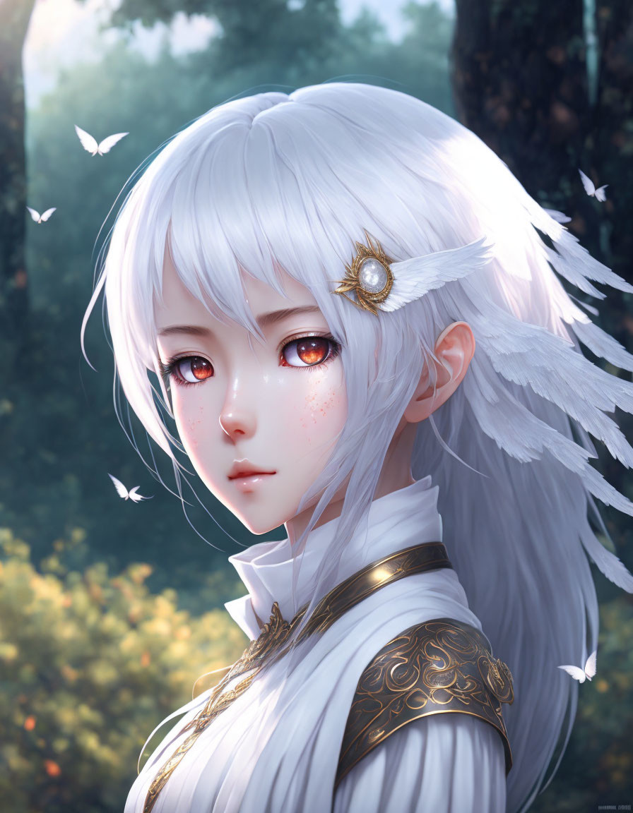 White-haired female character with red eyes and winged ornament, surrounded by butterflies in forest.