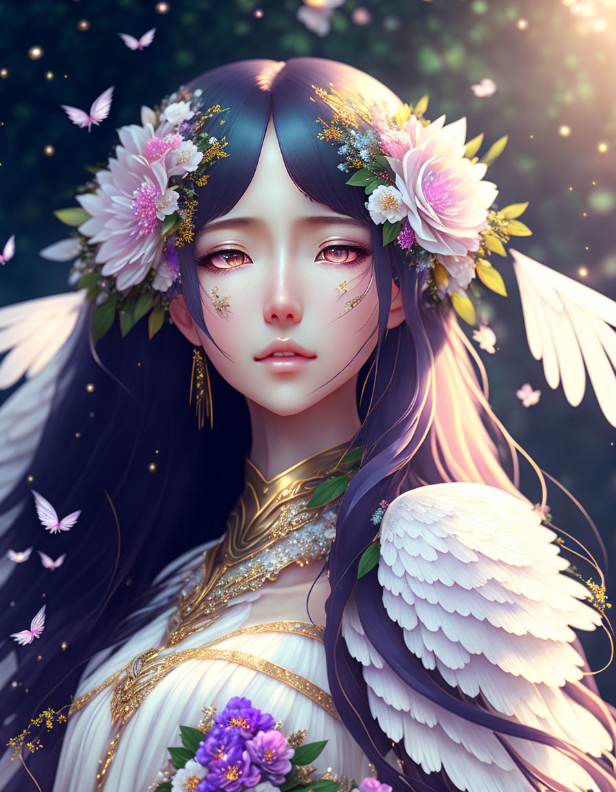 Fantastical Female Figure with Dark Hair and White Wings surrounded by Butterflies