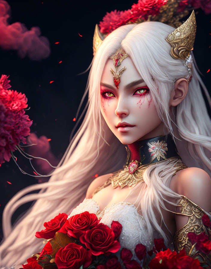 Fantasy female character with white hair, red eyes, gold accessories, and red flowers