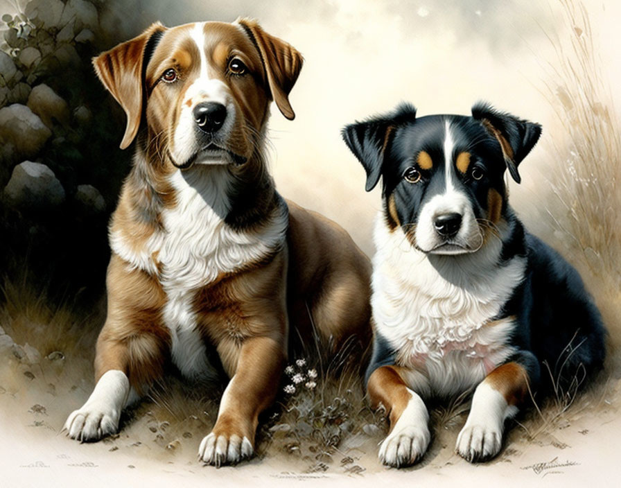 Realistic Paintings of Dogs: Light Brown & White, Black with Tan & White Marks