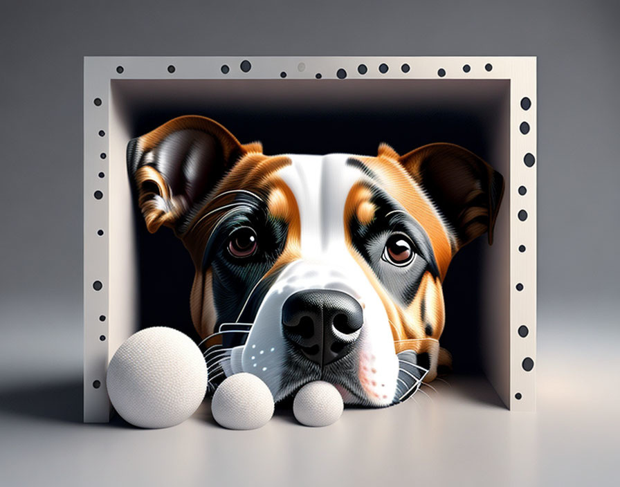 3D illustration: Dog's face in metal frame with shadows and spheres