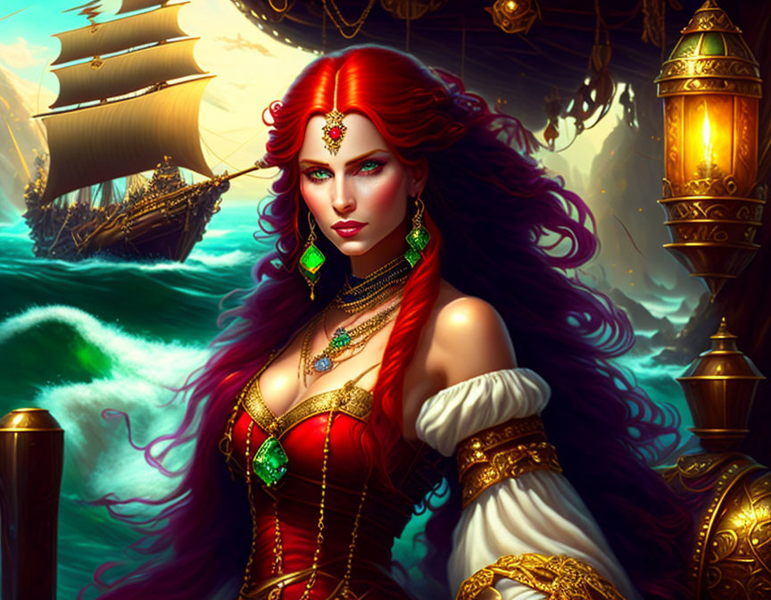 Illustrated pirate woman with red hair and tiara at stormy sea