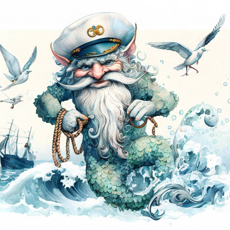 Illustrated sea captain with mermaid tail and white beard in ocean scene.