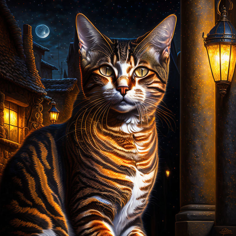 Digital artwork: Bold striped cat with glistening eyes in moonlit alley