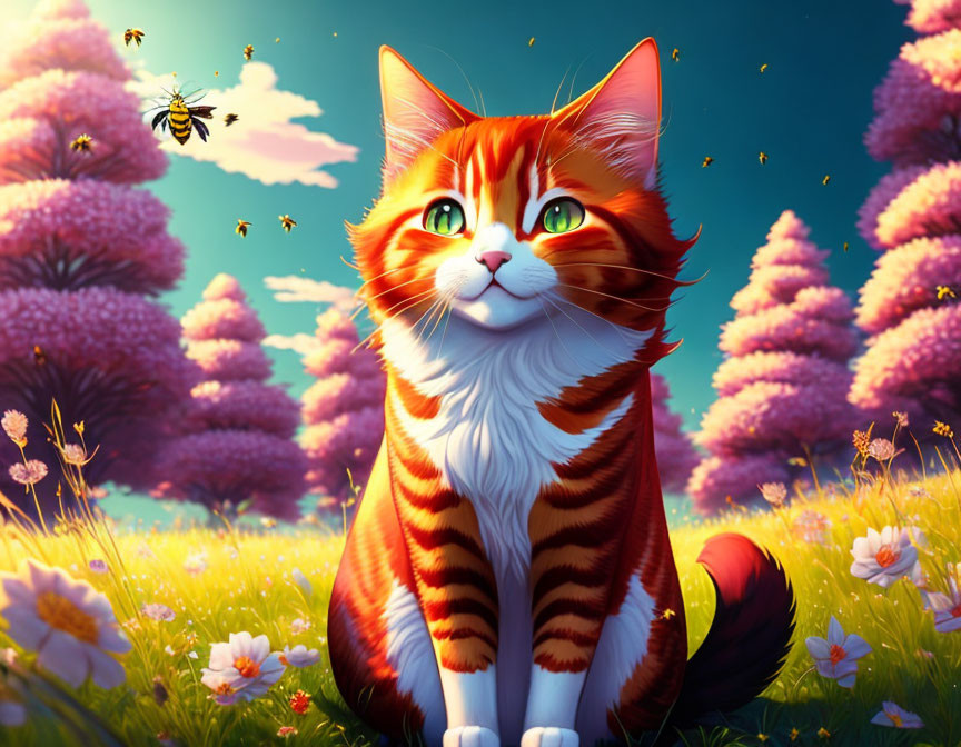 Colorful illustration: Orange tabby cat in vibrant field with pink trees and bees