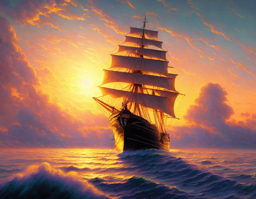 Sailing ship with full sails at vibrant sunset.