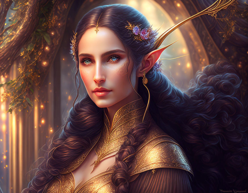 Fantasy illustration of an elf in golden armor in enchanted forest