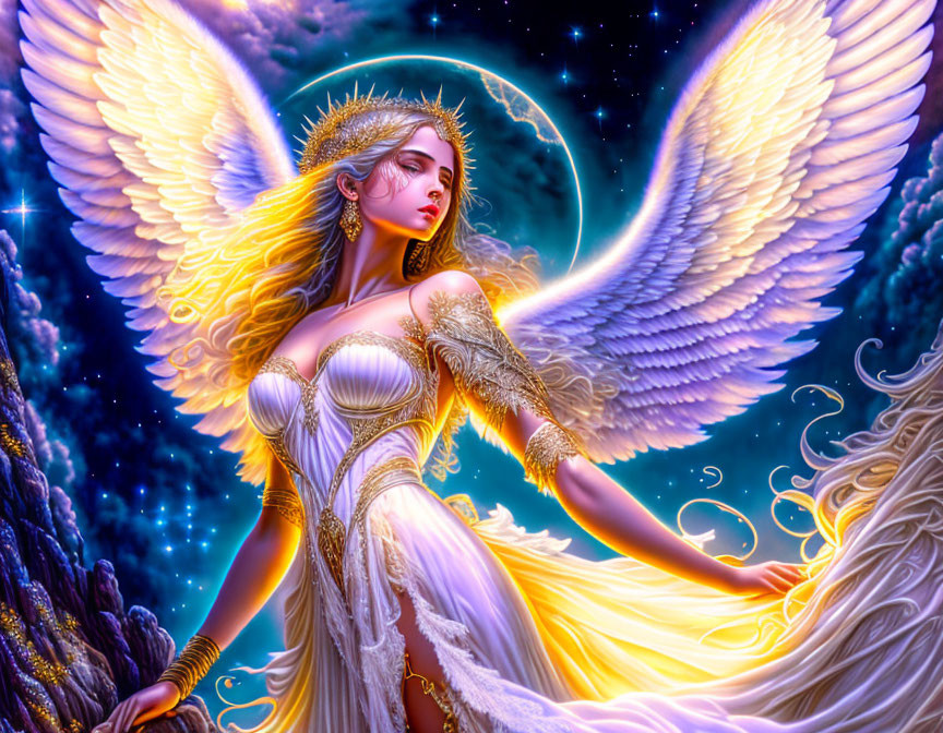 Celestial background with angelic figure and crescent moon