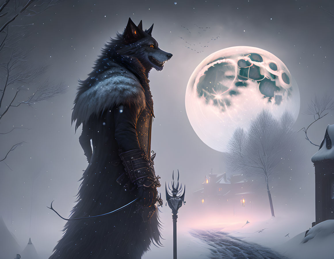 Anthropomorphic wolf with staff in snowy night landscape