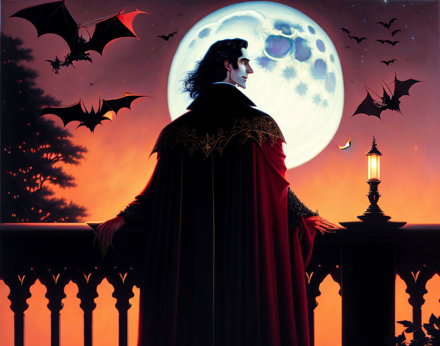 Illustrated vampire with dark cape on balcony under full moon.