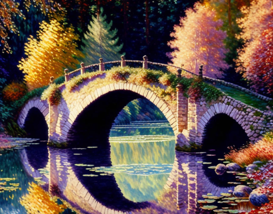 Stone bridge with arches over tranquil river and colorful autumn trees reflecting in water