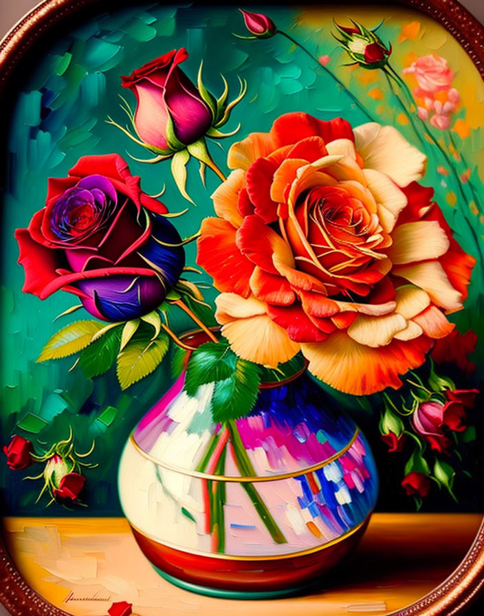 Colorful digital artwork: vase with roses on green and turquoise background