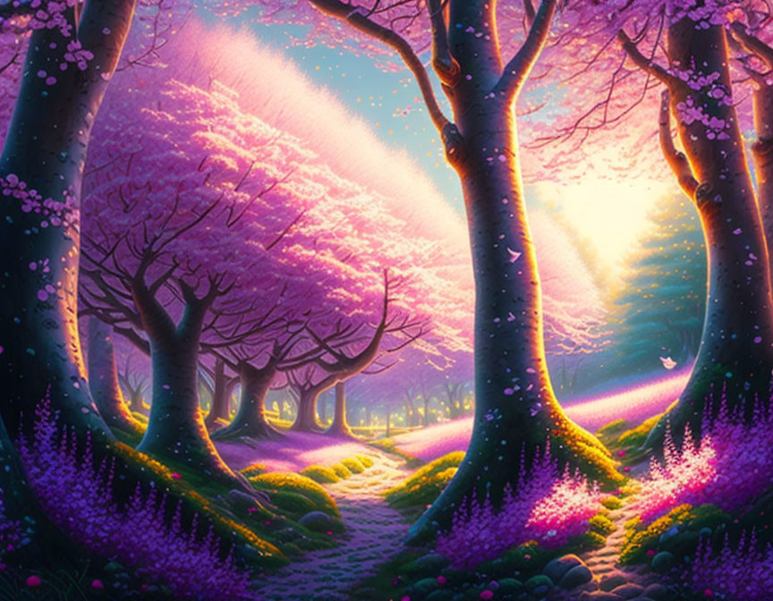 Enchanted forest path with vibrant cherry blossoms and sunbeams