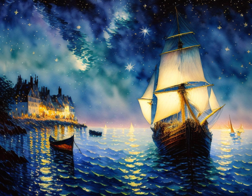 Night Seascape Painting: Sailing Ship, Stars, Shoreline Lights