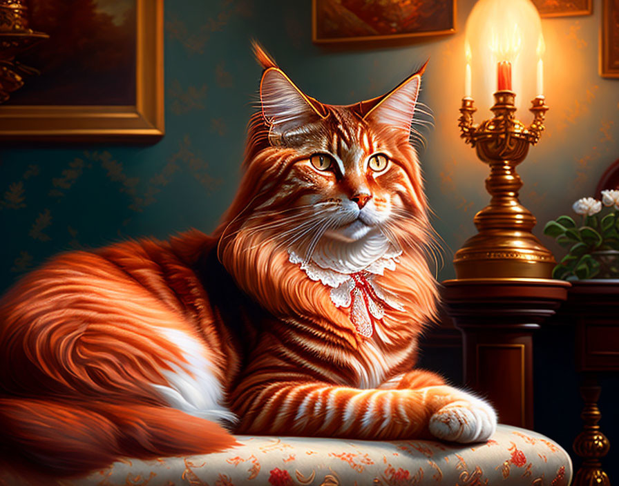 Majestic orange tabby cat with green eyes in vintage room setting